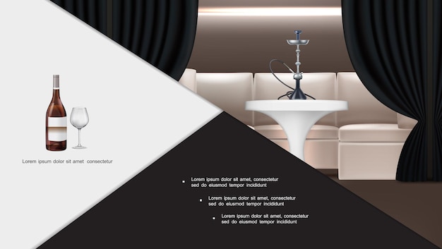 Бесплатное векторное изображение Реалистичная композиция интерьера кальянного лаундж-бара с кальяном, стоящим на столе, диване, темные шторы, бутылка вина и бокал