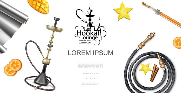 Realistic hookah lounge elements template with shisha or hookah pipes coals foil orange slices star anise