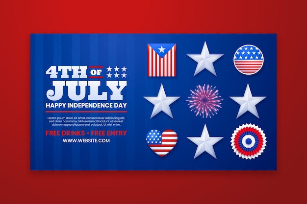 Modello di banner orizzontale realistico per la celebrazione del 4 luglio americano