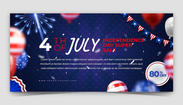 Free vector realistic horizontal banner template for american 4th of july holiday celebration