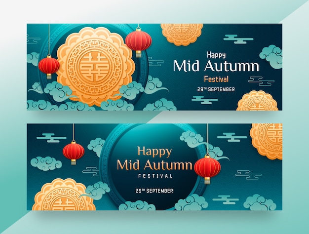 Realistic horizontal banner template for chinese mid-autumn festival celebration