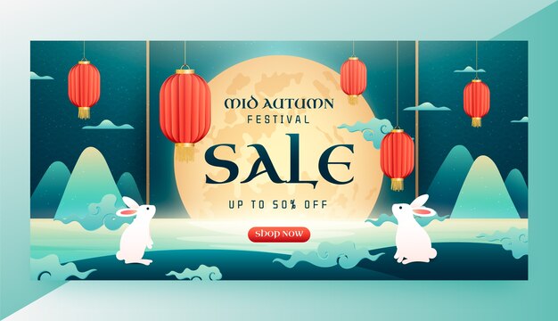 Realistic horizontal banner template for chinese mid-autumn festival celebration