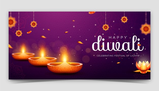 Realistic horizontal banner template for diwali festival celebration