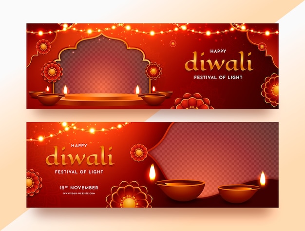 Free vector realistic horizontal banner template for diwali hindu festival celebration