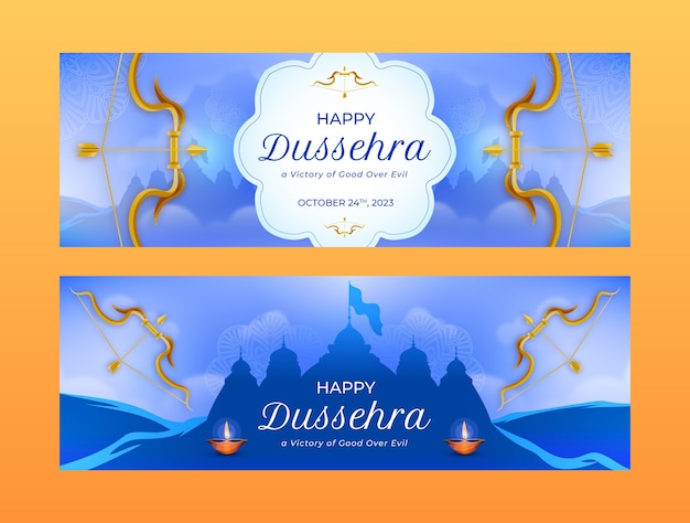 Free vector realistic horizontal banner template for dussehra festival celebration