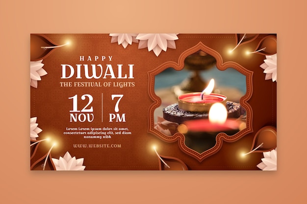무료 벡터 디왈리 힌두교 축제 축하를 위한 현실적인 수평 배너 템플릿
