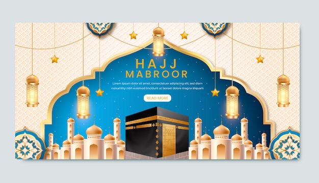 Free vector realistic horizontal banner template for islamic hajj pilgrimage