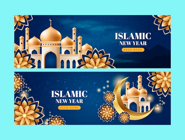 Vettore gratuito modello di banner orizzontale realistico per la celebrazione del capodanno islamico