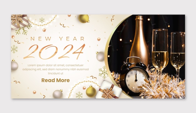 Vettore gratuito realistico modello di striscione orizzontale per la celebrazione del nuovo anno 2024