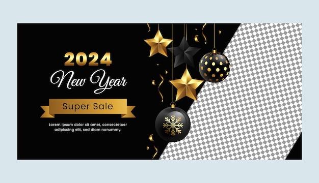 Realistic horizontal banner template for new year 2024 celebration