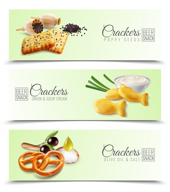 Realistic horizontal banners promoting crackers with poppy seeds onion and sour cream olive oil and salt  illustration