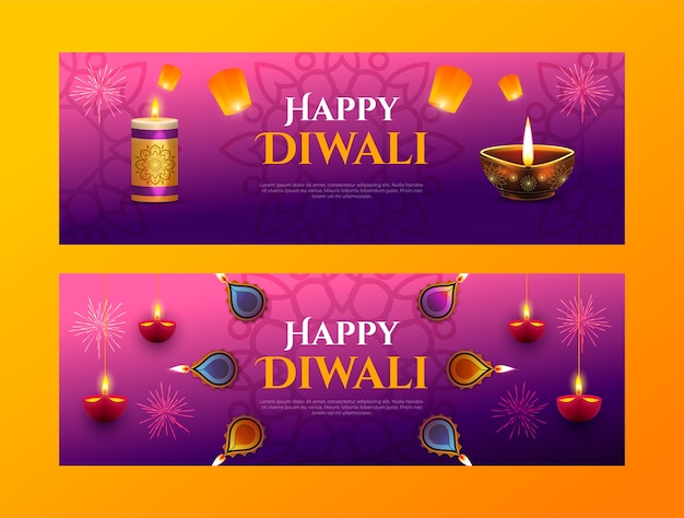 Free vector realistic horizontal banners set for diwali celebration