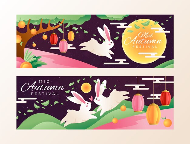 Realistic horizontal banners set for mid-autumn festival celebration