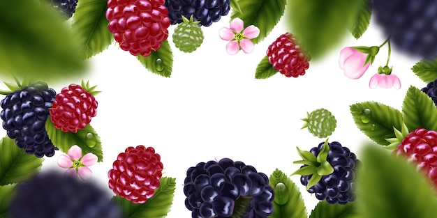 Free vector realistic horizontal blackberry frame with flowers leaves and blurred elements on white background vector illustration