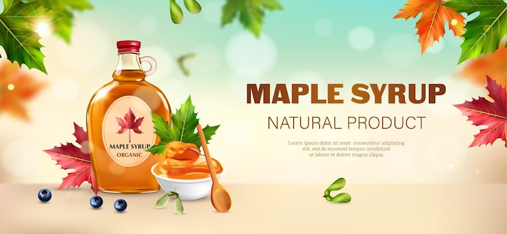 Free Vector realistic horizontal blurred poster with glass bottle and bowl of natural maple syrup berries colorful leaves illustration