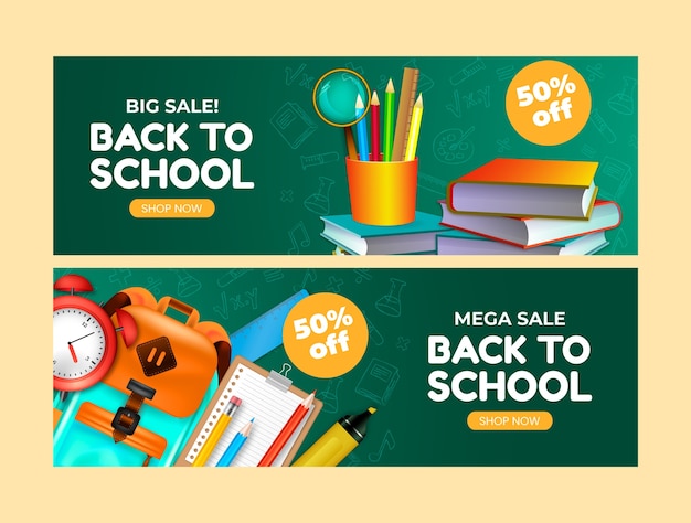 Free vector realistic horizontal sale banner template for back to school season