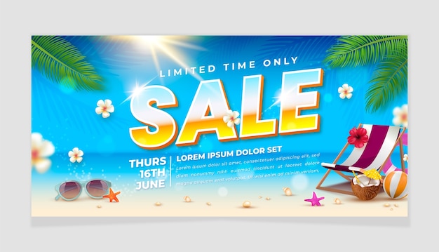 Бесплатное векторное изображение Реалистичный шаблон баннера горизонтальной продажи для летнего сезона