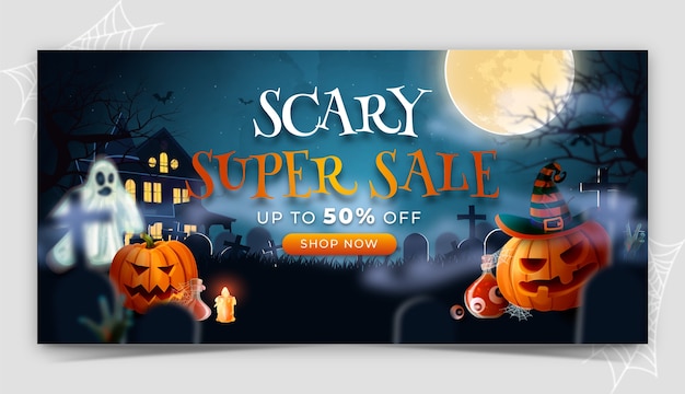 Free vector realistic horizontal sale banner template for halloween season celebration