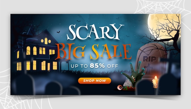 Free vector realistic horizontal sale banner template for halloween season celebration