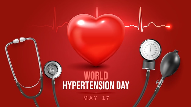 Free vector realistic horizontal world hypertension day poster with manual tonometer on red background vector illustration