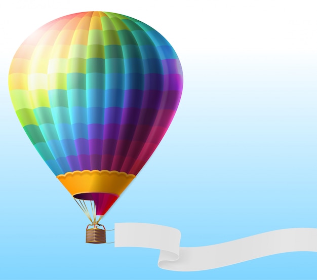 realistic hot air balloon with rainbow stripes, flying on blue sky with blank ribbon