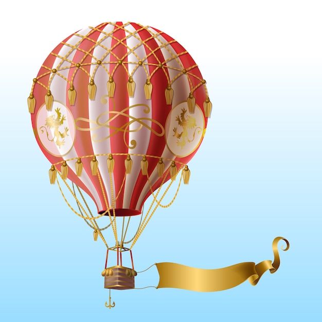realistic hot air balloon with vintage decor, flying on blue sky with blank golden ribbon