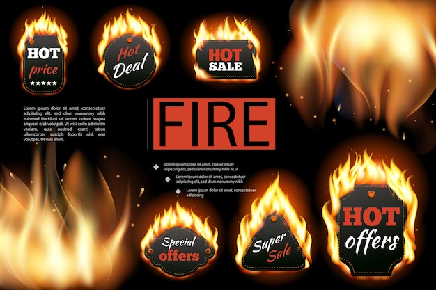 Realistic hot fire labels composition 