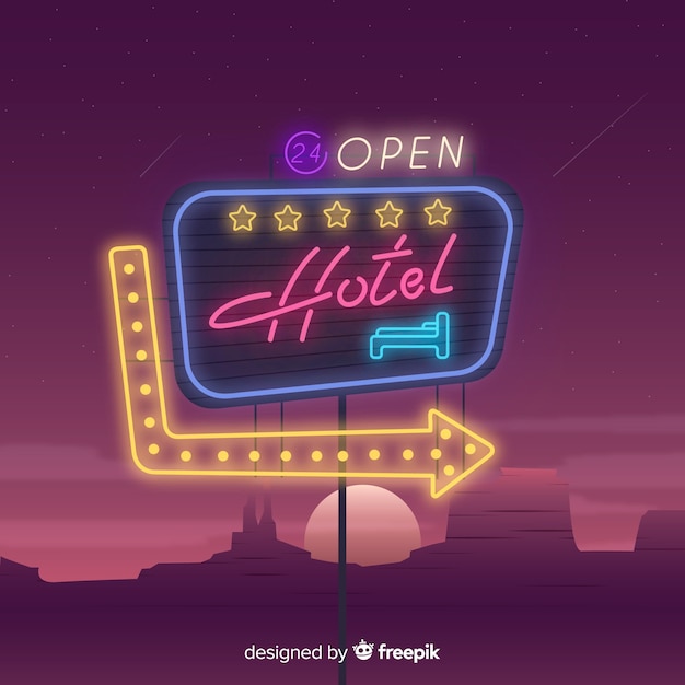 Vettore gratuito insegna al neon dell'hotel realistica