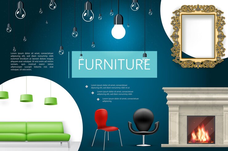 मुफ़्त वेक्टर realistic house interior elements composition with fireplace chairs green sofa lamps decorative frame lamps
