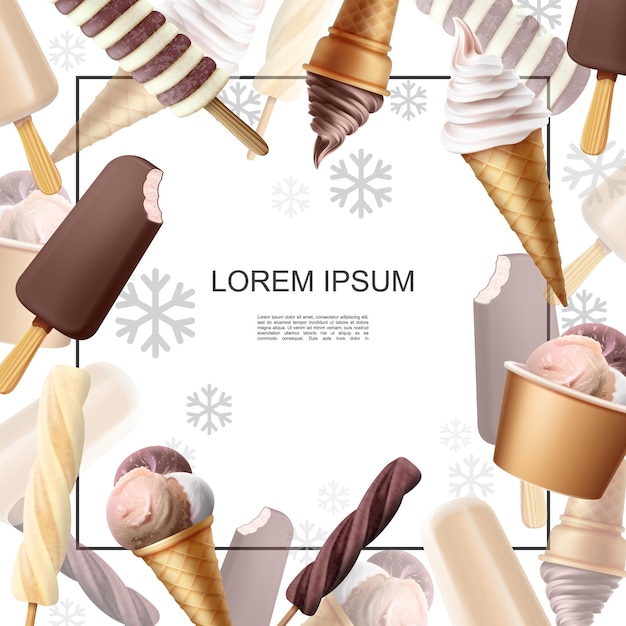 Бесплатное векторное изображение Реалистичный красочный шаблон мороженого с мороженым из мороженого, шоколадным, ванильным, карамельным мороженым на палочке и шариками в вафельных рожках