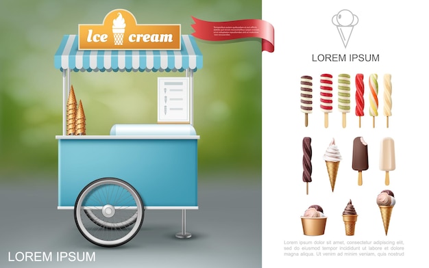 Free vector realistic ice cream composition with street food cart and popsicle vanilla chocolate fruit lollipop icecream