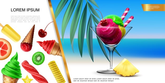 Реалистичная концепция мороженого с красочными шариками в стекле на морском пейзаже и фруктовым мороженым с вишней, киви, ананасом и кумкватом