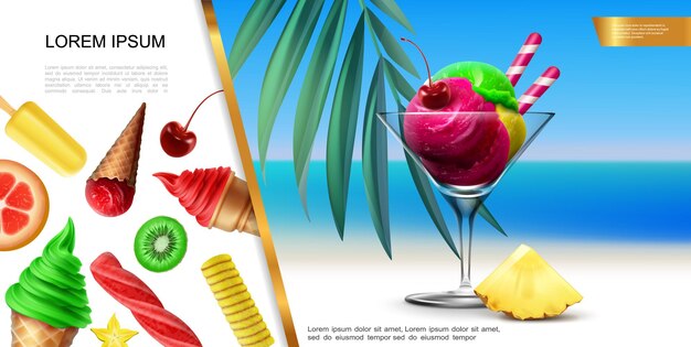 Realistic ice cream concept with colorful scoops in glass on sea landscape and fruit icecream with cherry kiwi pineapple kumquat flavors  illustration