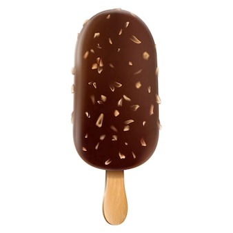 Реалистичное мороженое эскимо, покрытое шоколадной глазурью с орехами на палочке, изолированное на белом фоне. 3d векторные иллюстрации, обтравочный контур