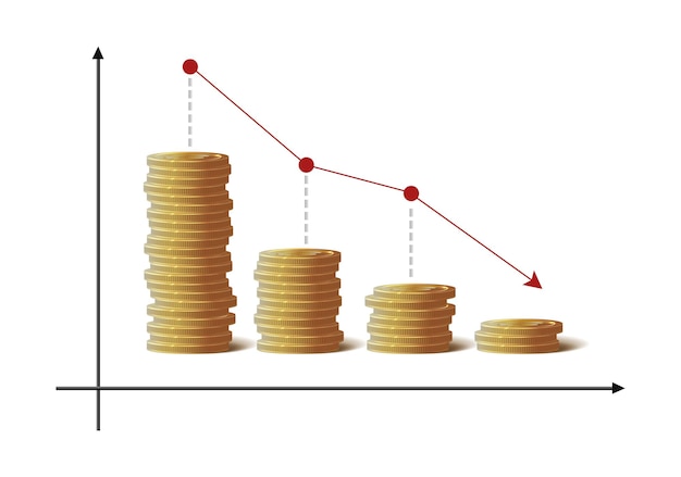 Realistic icon gold coins chart going down