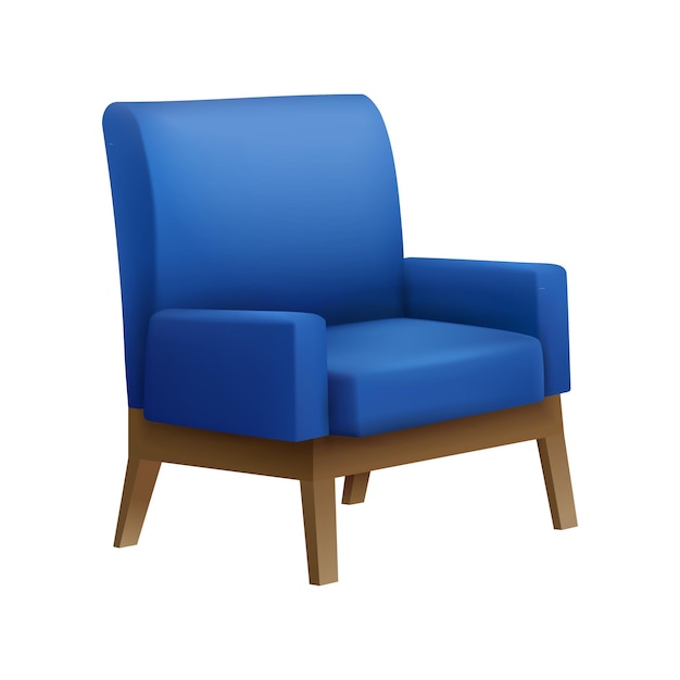 Realistic icon of modern blue armchair with wooden legs vector illustration