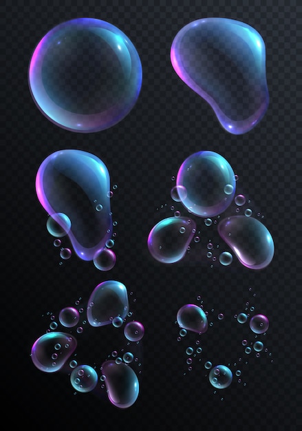 Realistic icons set with soap bubbles of different shape isolated
