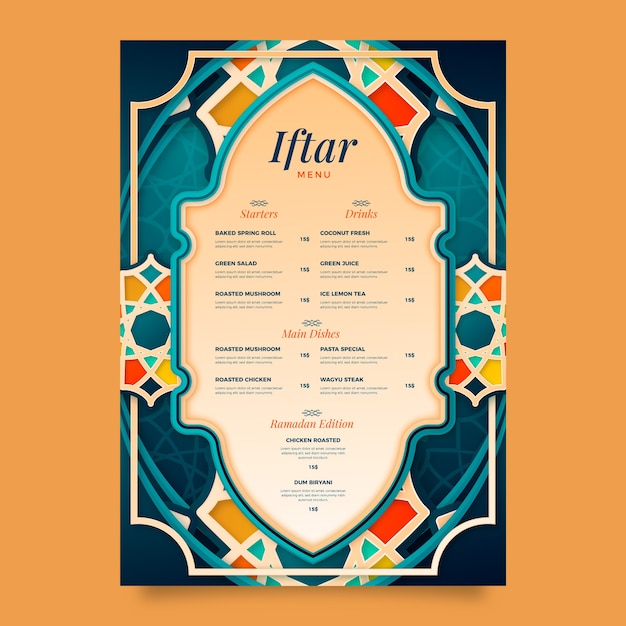 Vettore gratuito modello di menu iftar realistico