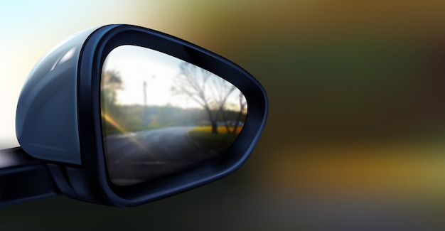 realistic illustration of black rear view mirror with reflection