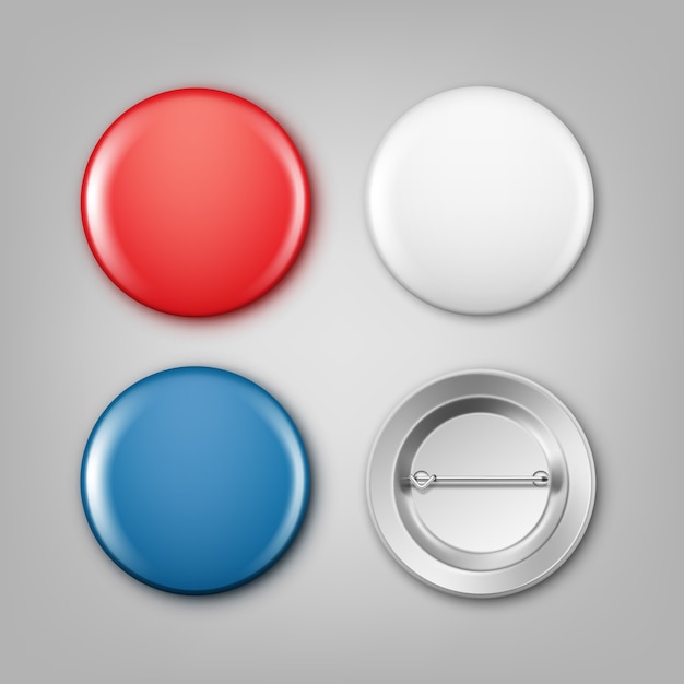 realistic illustration of blank white, blue and red badges