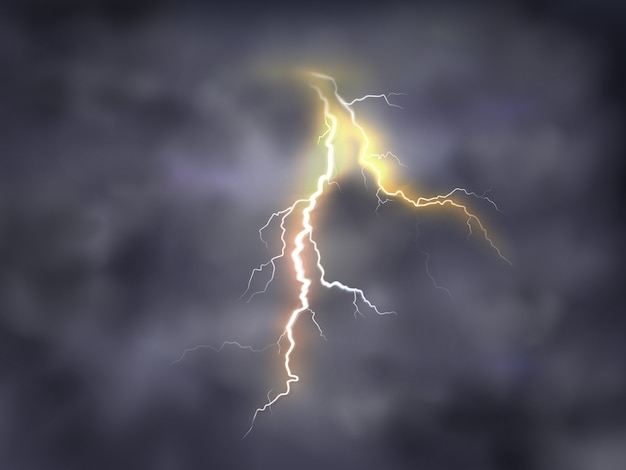 Realistic illustration of bright thunderbolt, lightning strike in clouds on night background.