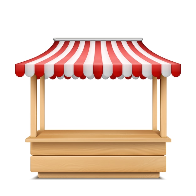 Realistic illustration of empty market stall with red and white striped awning