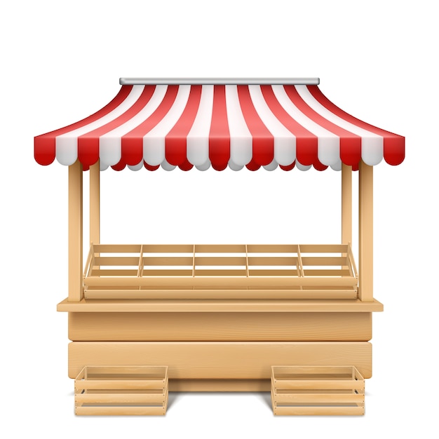 realistic illustration of empty market stall with red and white striped awning 