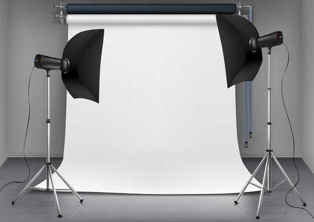 realistic illustration of empty room with blank white screen, studio lights with soft boxes 