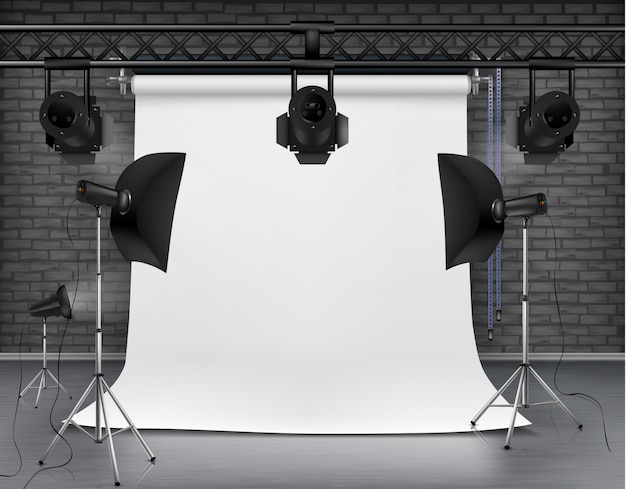 realistic illustration of empty room with blank white screen, studio lights with soft boxes