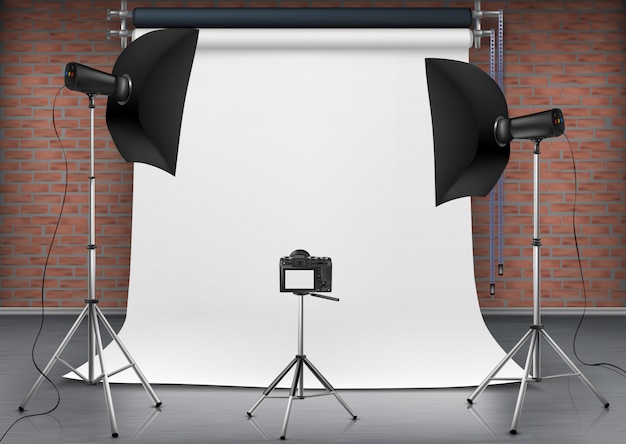 realistic illustration of empty room with blank white screen, studio lights with soft boxes