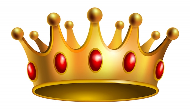 Realistic illustration of gold crown with red gems. Jewelry, award, royalty. 