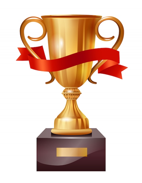 Free vector realistic illustration of gold cup with red ribbon. winner, leader, champion.