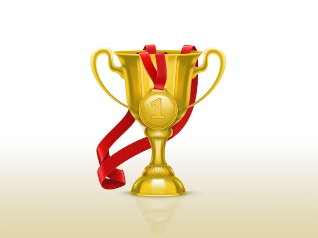 Free vector realistic illustration of golden goblet and medal with red ribbon isolated on background.