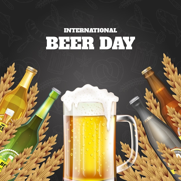 国際ビールの日のお祝いのリアルなイラスト